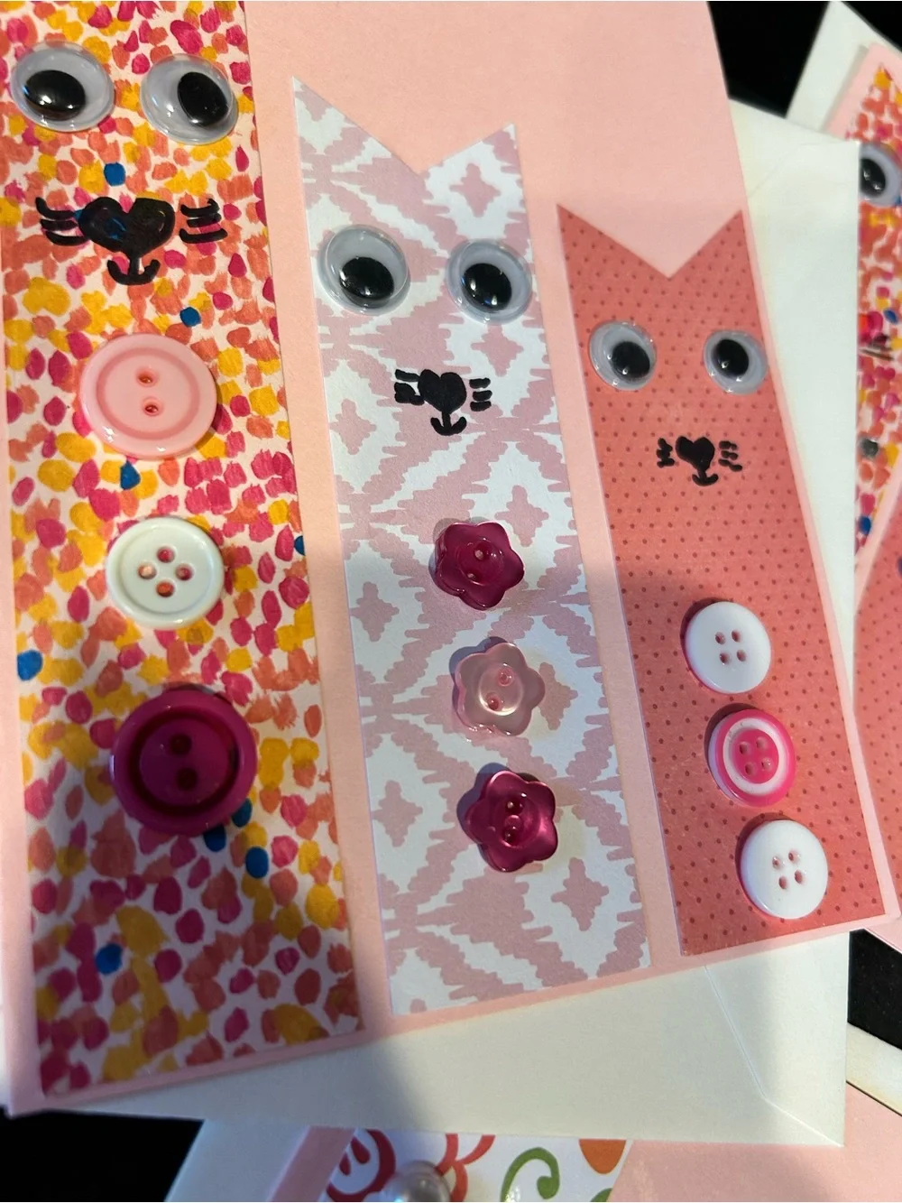 Handmade Whimsical Pink Cat Card & Envelope stationary kitty cat w buttons gems